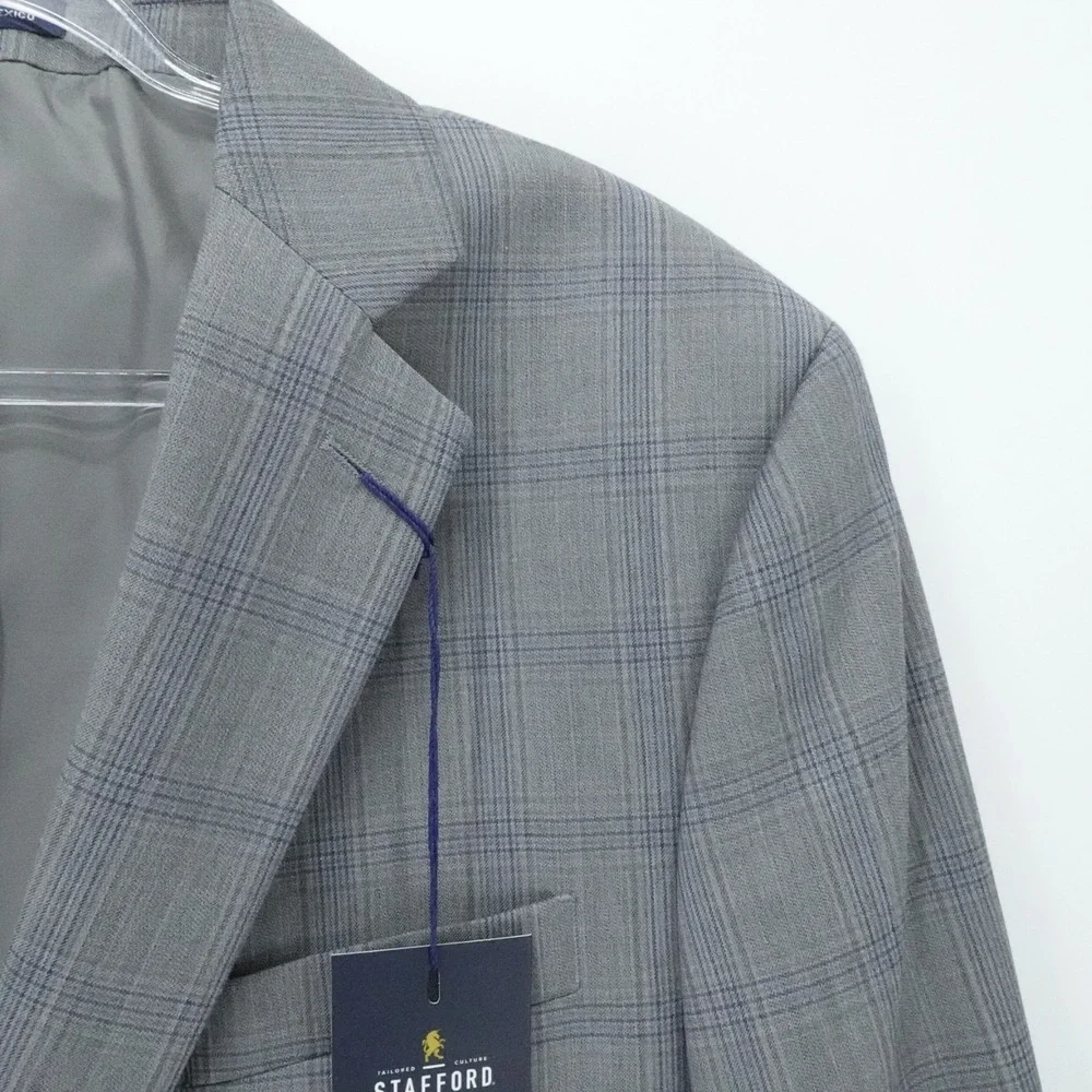 Stafford Sport Coat Mens 48 Regular Gray Plaid Wool Blend Blazer CoolMax Office‎